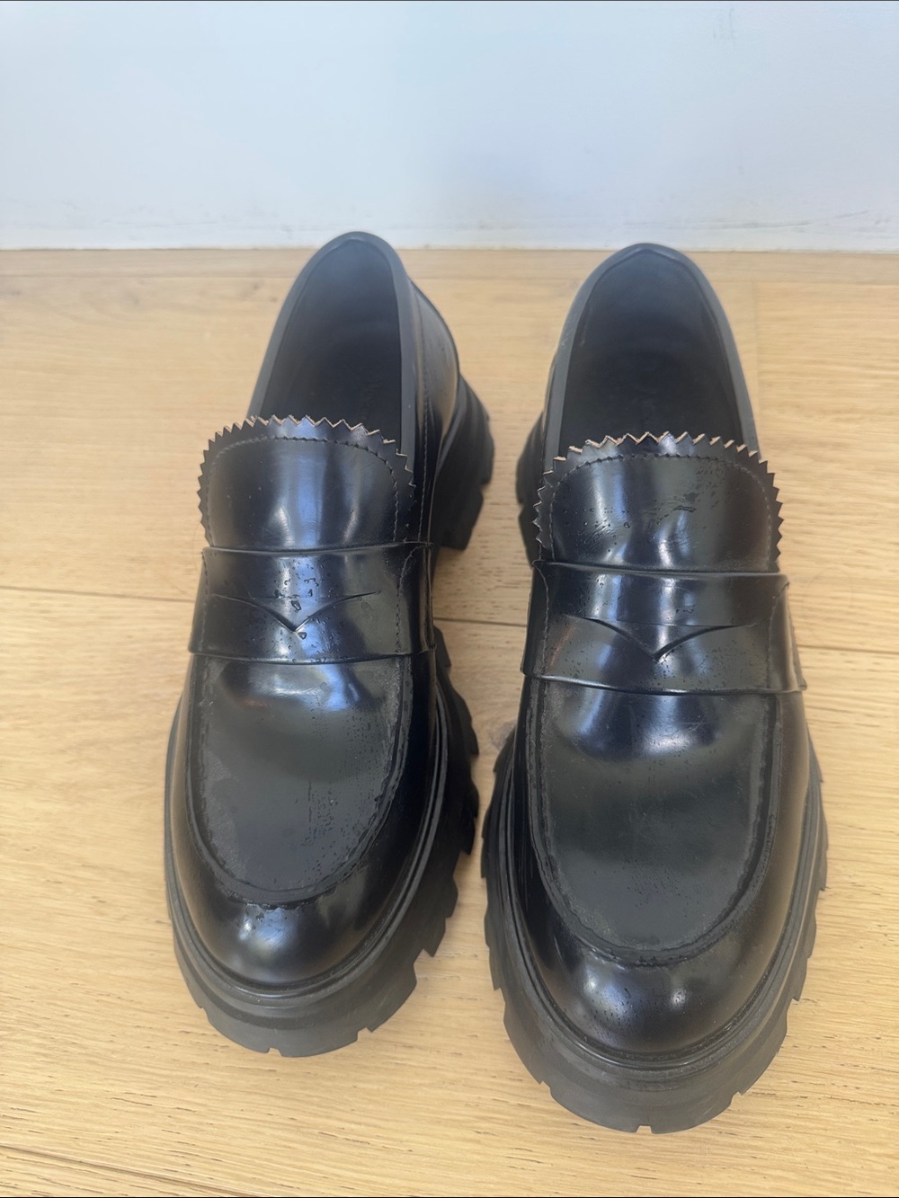 Alexander McQueen Women's Black Leather Lug Sole Penny Loafers